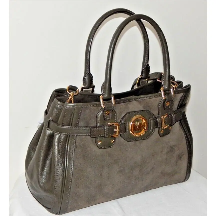 Michael Kors Hudson Leather Suede Large Satchel Tote Shoulder Bag Dark Olive