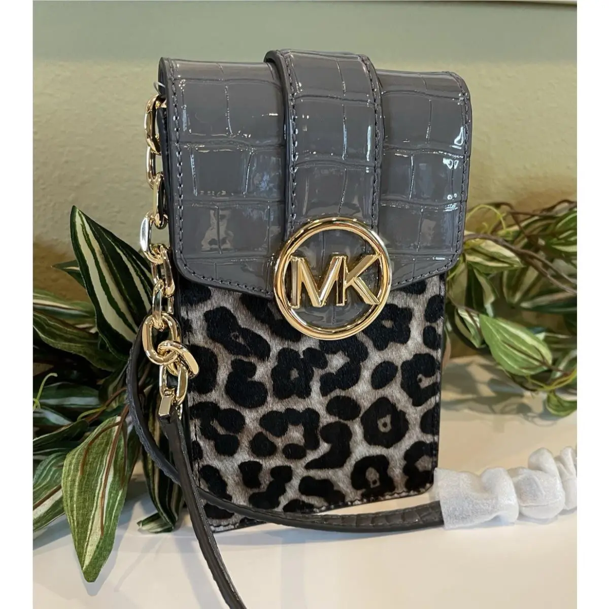 Michael Kors Carmen XS Small Phone Chain Crossbody Bag Exotic MK Grey Leopard