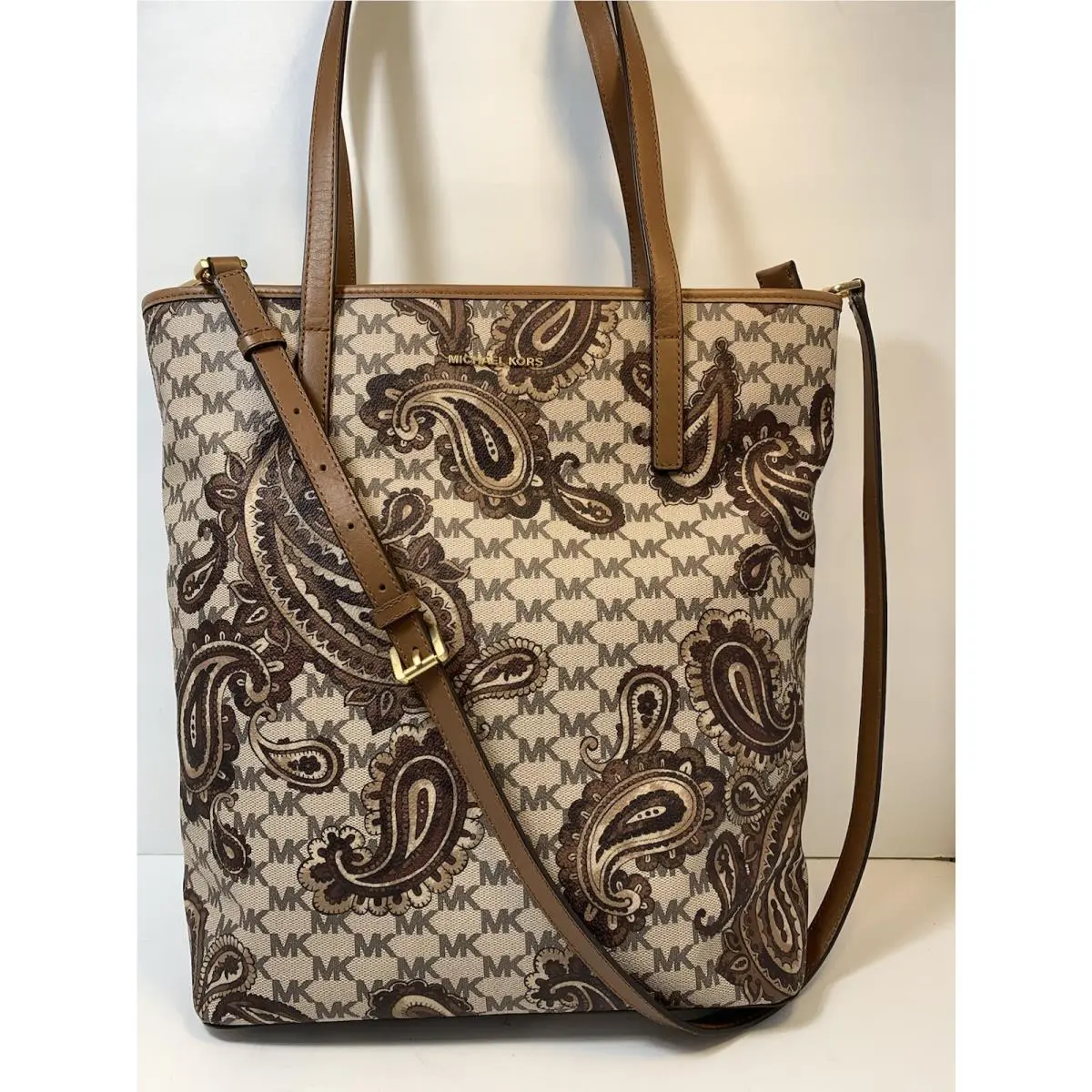 Michael Kors Studio Paisley Emry Large Top Zip Tote in Luggage Brown