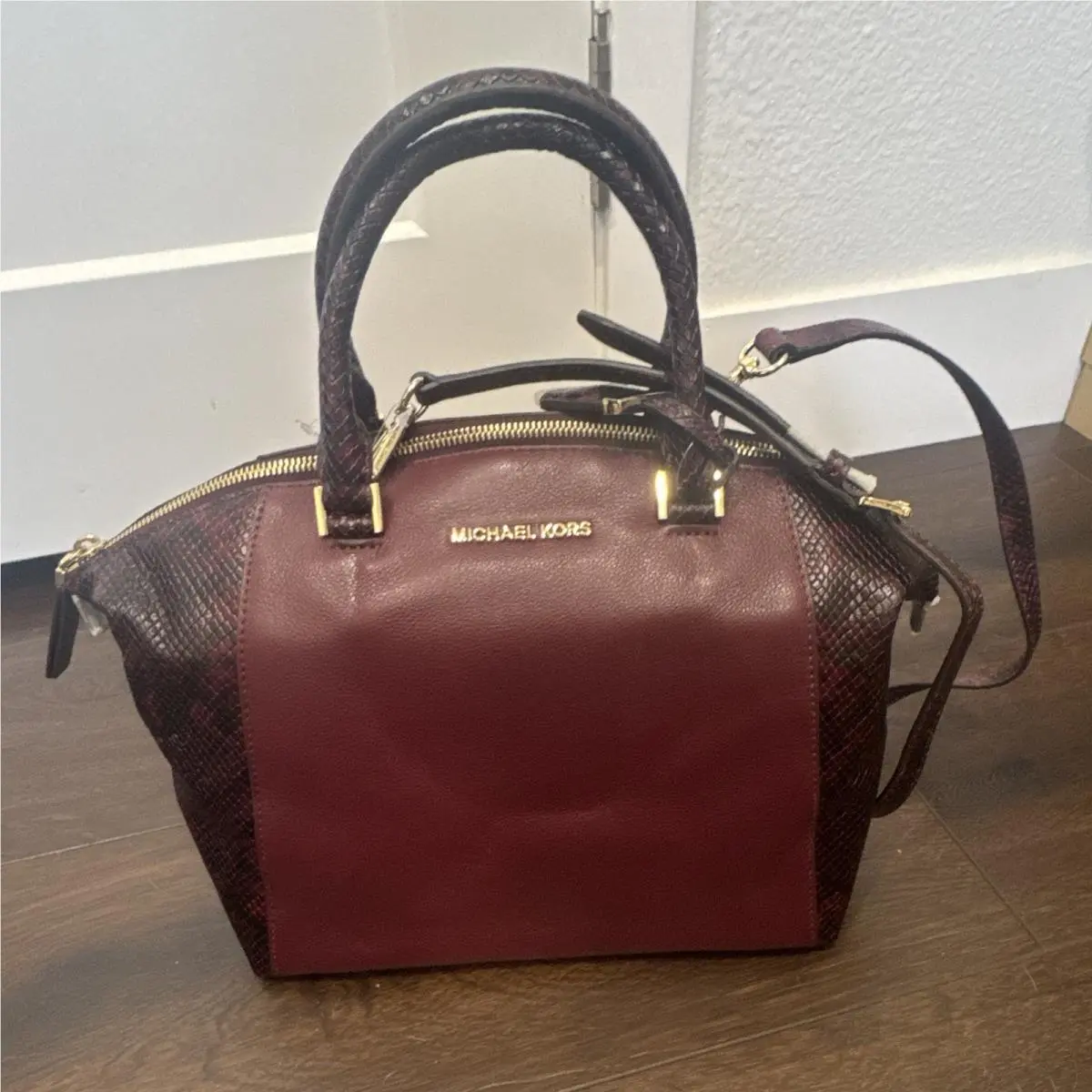 Michael Kors Riley Merlot Satchel Bag Gold Hardware Zip Top Handle Inner Pockets