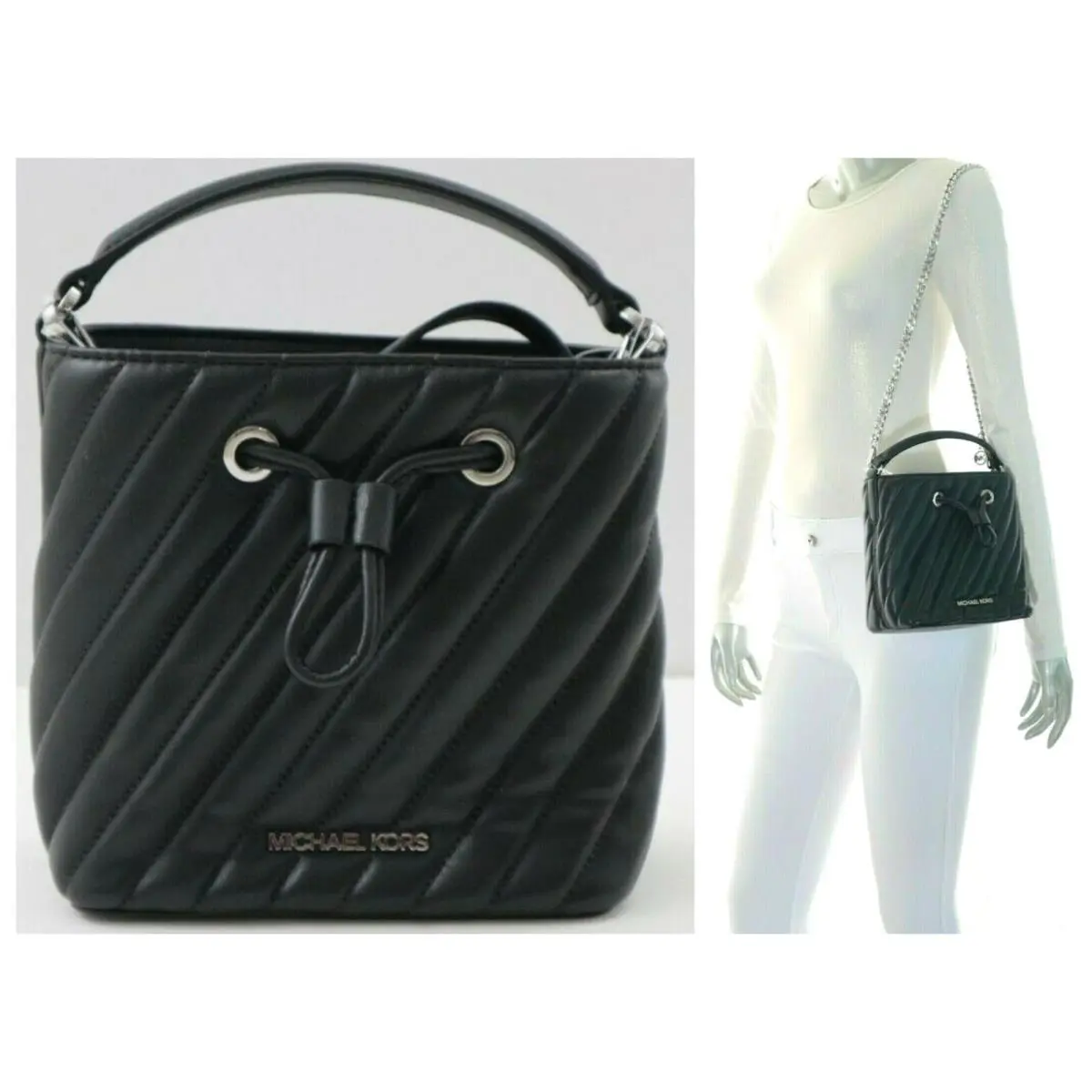 Michael Kors Suri Small Bucket Vegan Fox Leather Chain Crossbody Bag Black