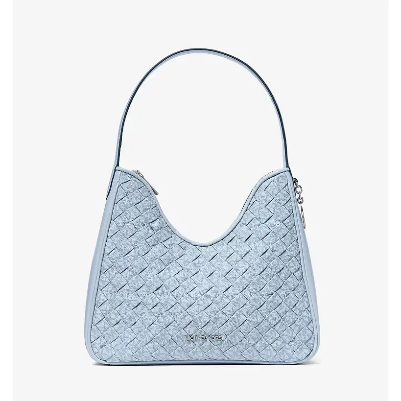 Michael Kors Nayla Small Woven Signature Logo Hobo Shoulder Bag Pale Ocean