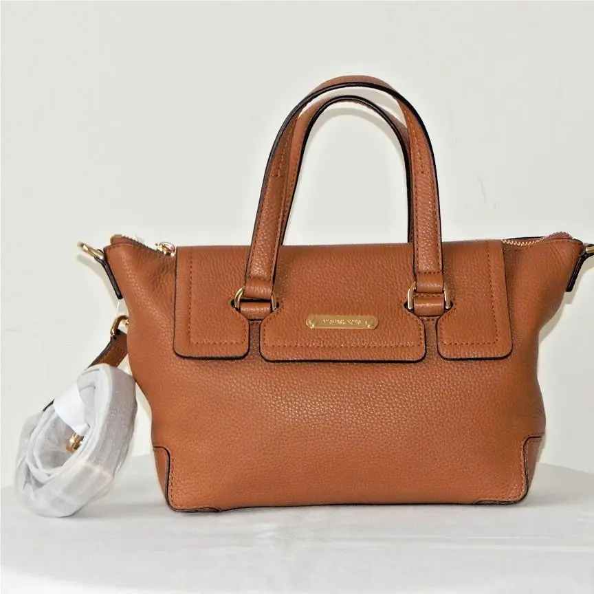Michael Kors Mackenzie Pebbled Leather Top Zip Satchel Crossbody Bag Acorn