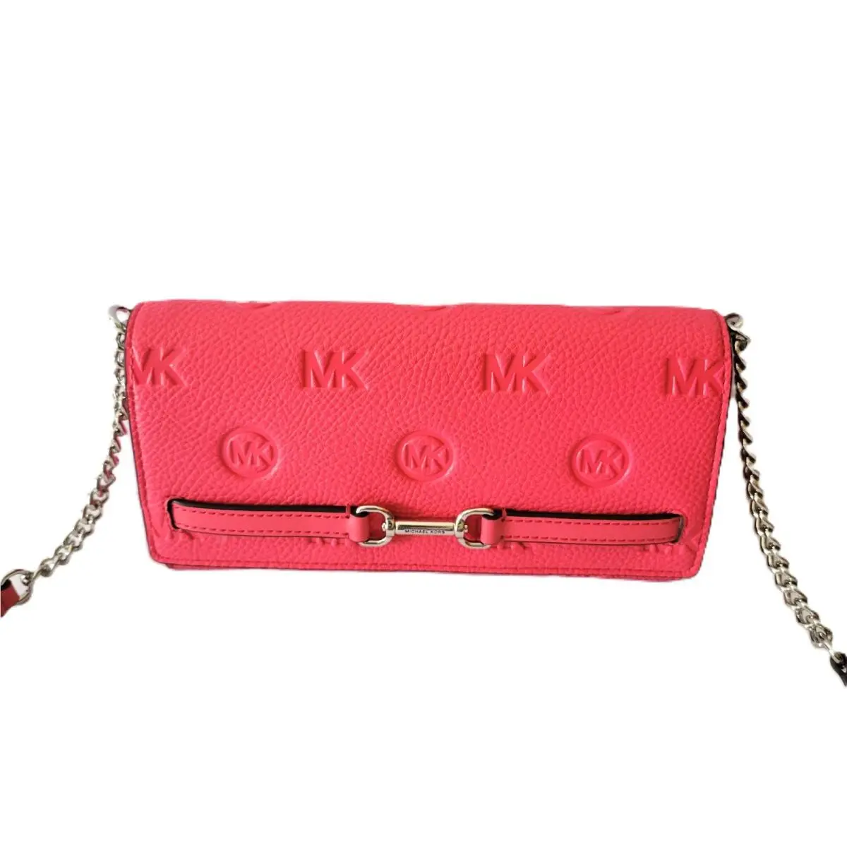 Michael Kors Carson Large Wallet Chain Strap MK Debossed Leather Hibiscus