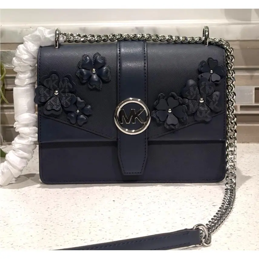 Michael Kors Greenwich Small Flap Crossbody MK Chain Bag Floral Navy Blue Silver