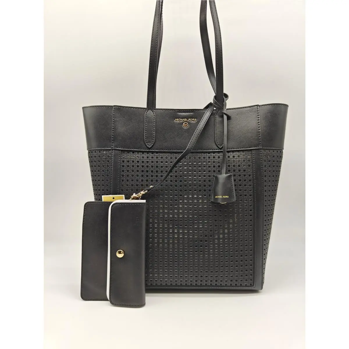 2 Piece Michael Kors Sinclair Perforated Leather Shopper Tote + Pouch in Black