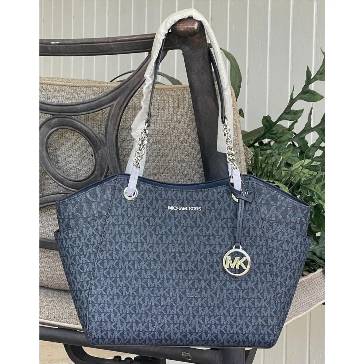 Michael Kors Jet Set Travel Large Chain Shoulder Tote Bag MK Navy Blue Silver