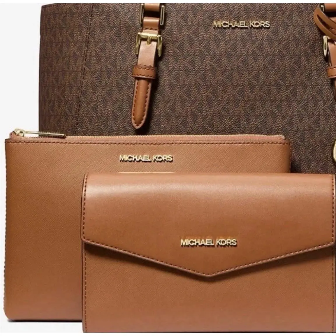 Michael Kors Charlotte Large 3 in 1 Zip Tote Shoulder Bag Crossbody MK Brown Sig