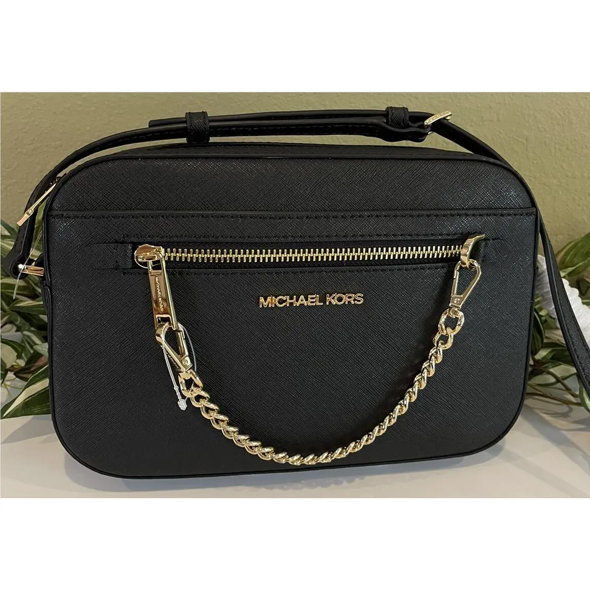 Michael Kors Jet Set Large Zip Chain Crossbody Bag Shoulder Black Leather Gold