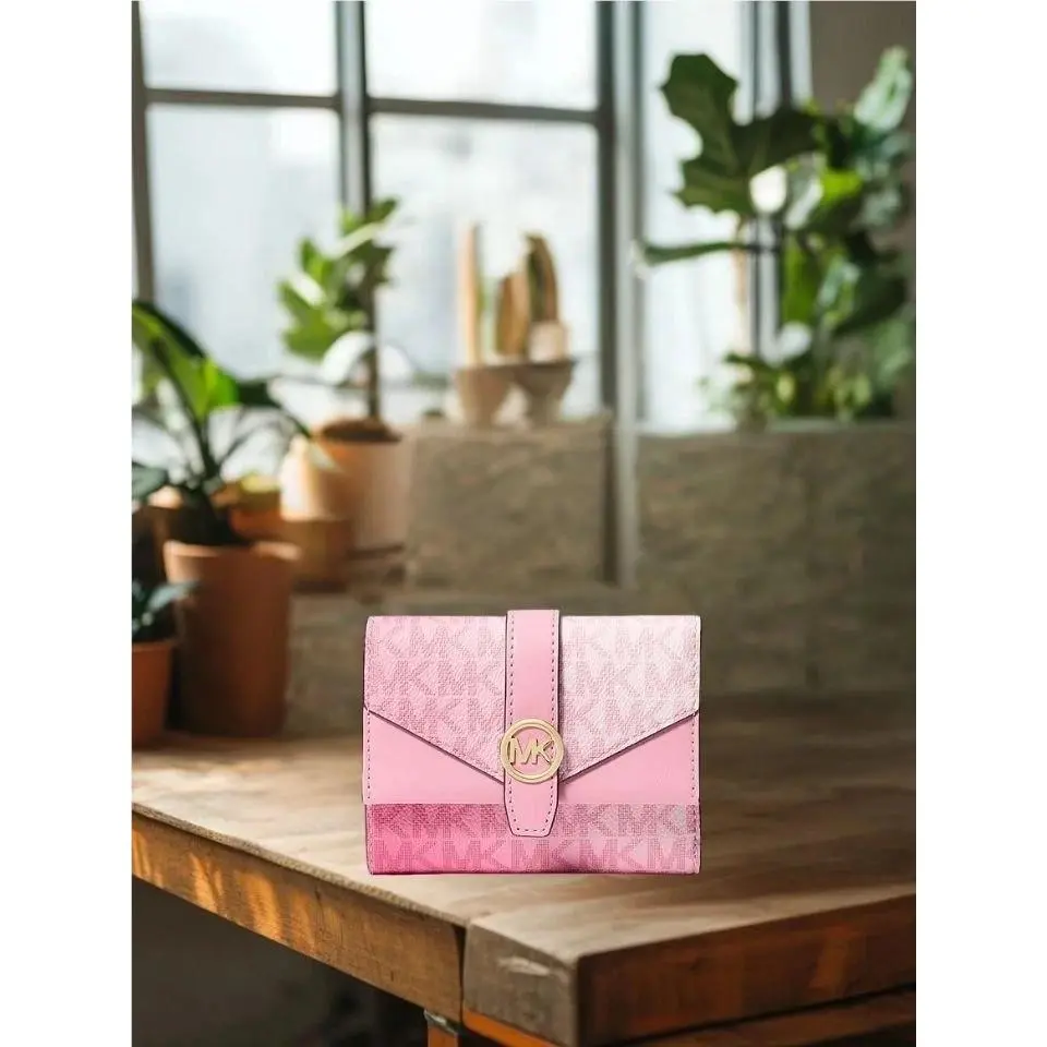Michael Kors Greenwich Women Medium Ombré MK Logo Tri-fold Wallet Carnation Pink