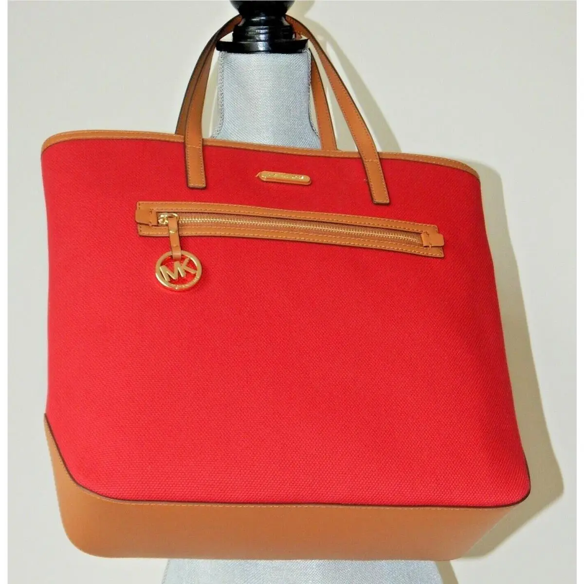Michael Kors Kempton Canvas Leather Details Large Tote Shoulder Bag Red
