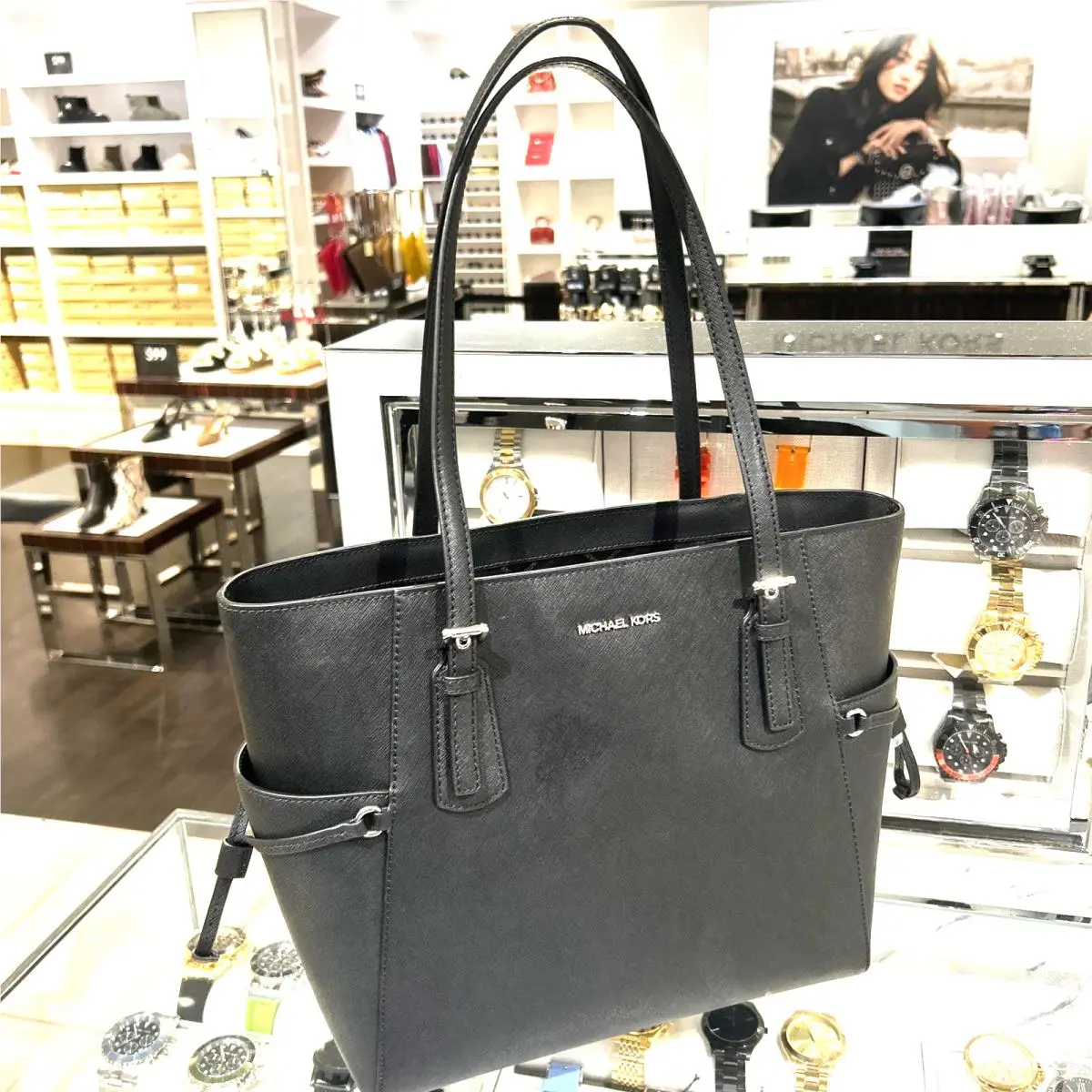 Michael Kors Voyager Large Tote Shoulder Bag Laptop Black Leather Silver Purse