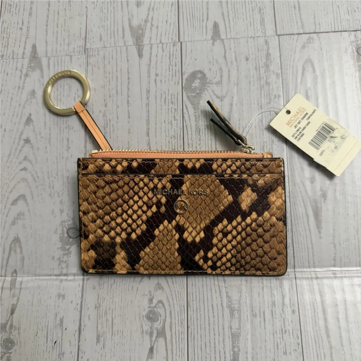 Michael Kors MK Logo Jet Set Charm Wallet Clutch Orange Snake Keychain Zip