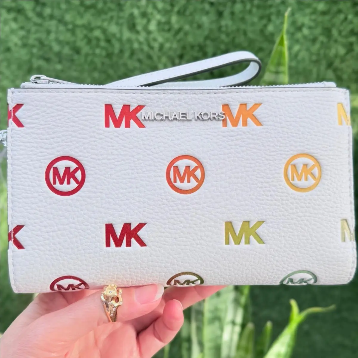 Michael Kors Jet Set Travel Double Zip Wristlet Wallet MK Rainbow Optic White
