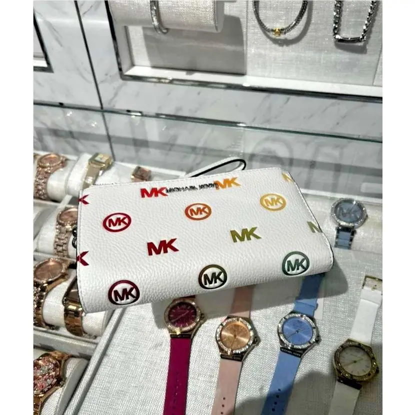 Michael Kors Women Rainbow Logo Embossed Double Zip Wristlet Wallet Optic White