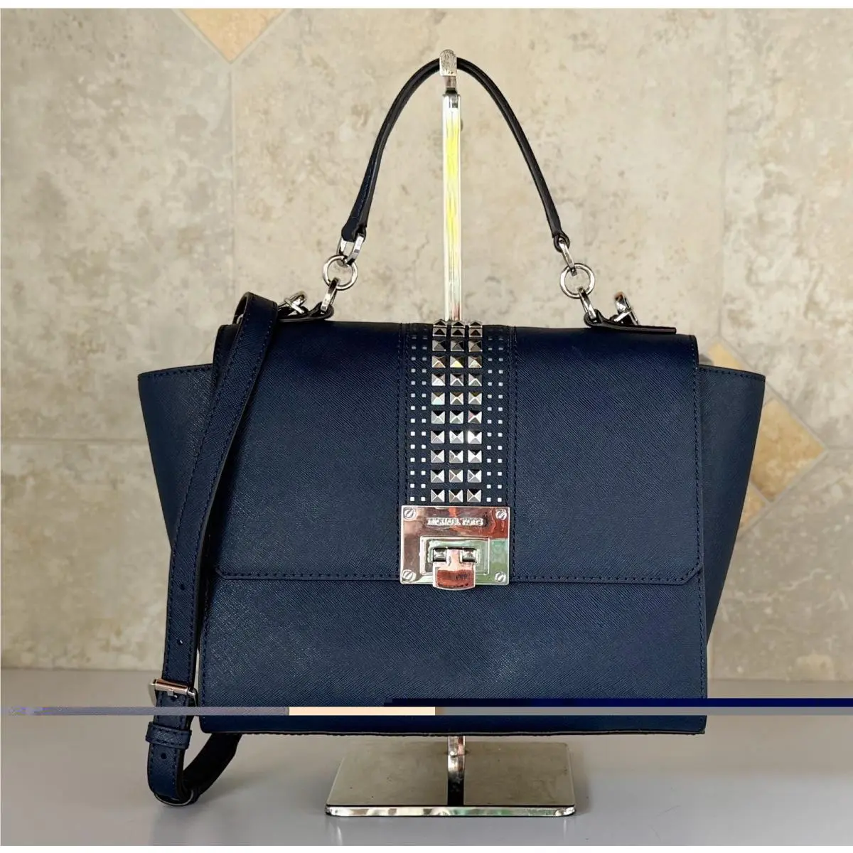 Michael Kors Tina MD Top Handle Satchel Shoulder Crossbody Bag Dark Navy