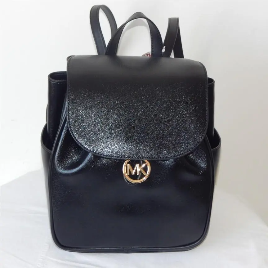 Michael Kors Cheryl Leather Drawstring Flap Logo Medium Backpack Black
