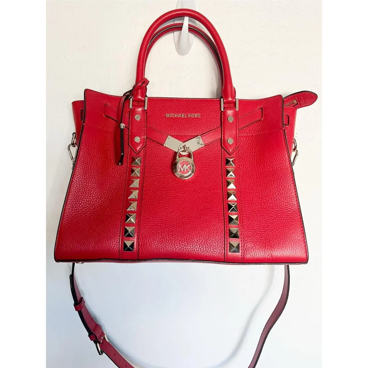 Michael Kors Hamilton Houveau Satchel Gold Stud Bright Red Bag Purse Leather
