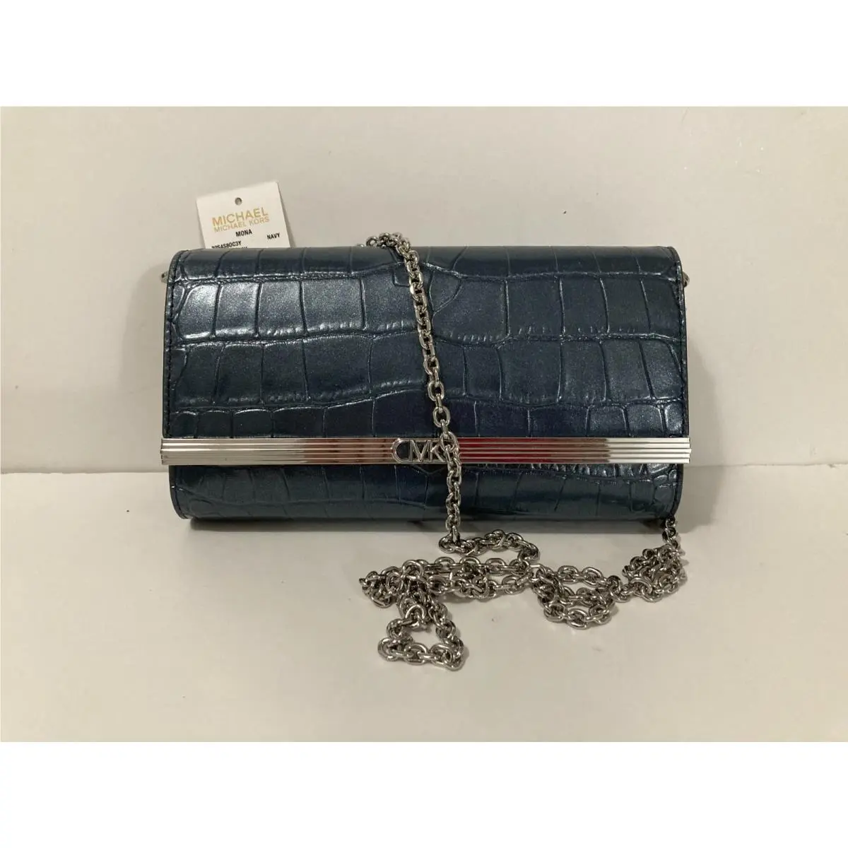 Michael Kors Mona Lg EW Clutch Shoulder Bag Leather Navy