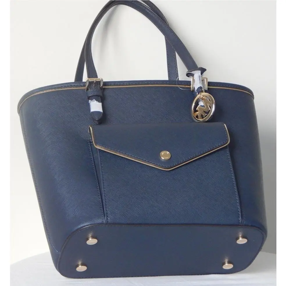 Michael Kors Saffiano Frame MD Pkt MF Leather Tote Bag In Navy