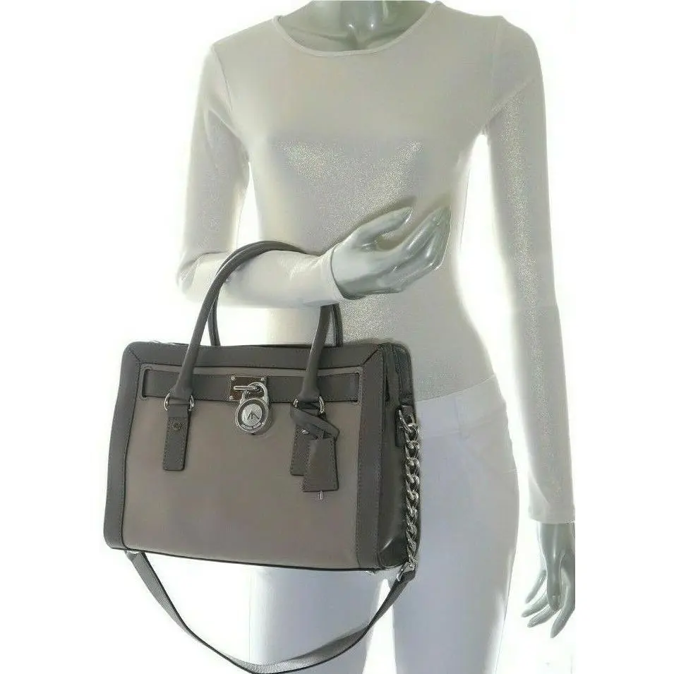 Michael Kors Hamilton Frame Out Leather Satchel Shoulder Bag Dark Taupe