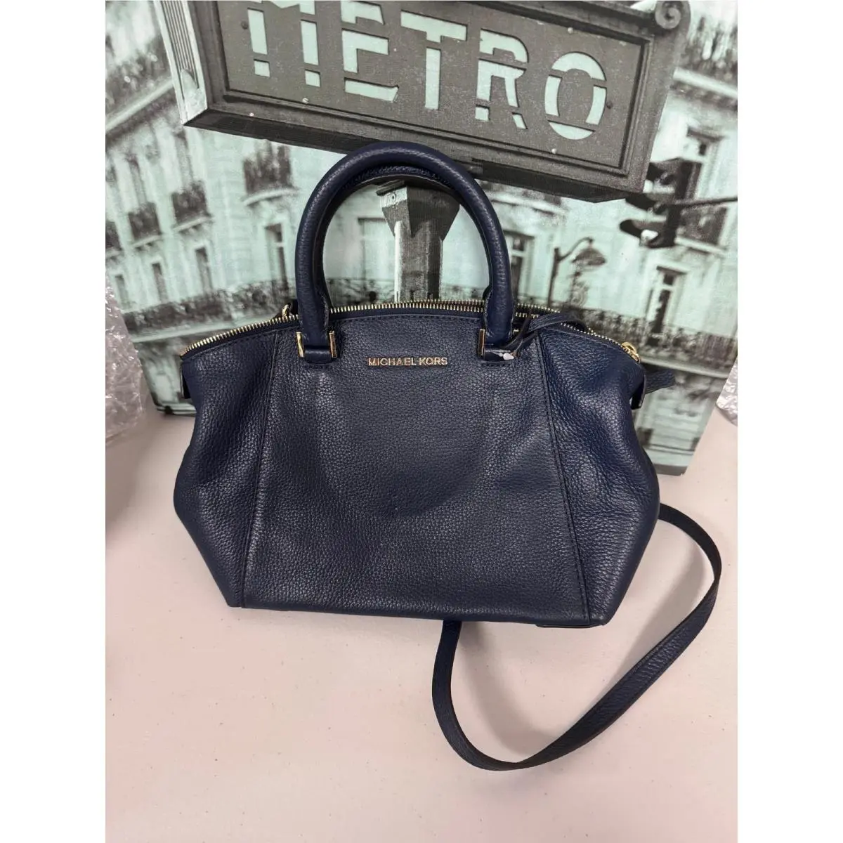 Michael Kors 38S7GRLS1L Riley Large Pebbled Leather Satchel Bag - Navy