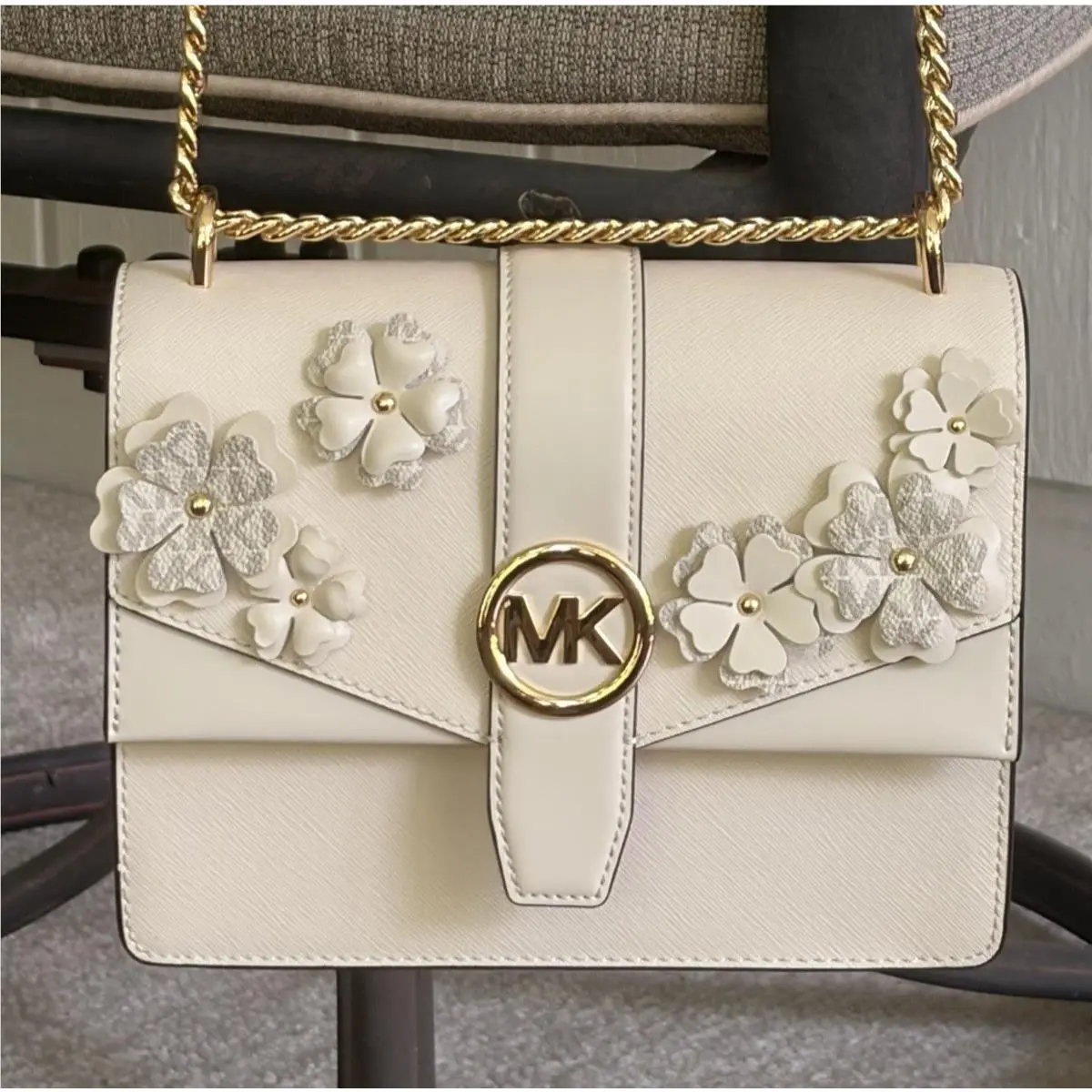 Greenwich Small Flap Crossbody MK Chain Bag Floral Light Cream Gold by Michael Kors