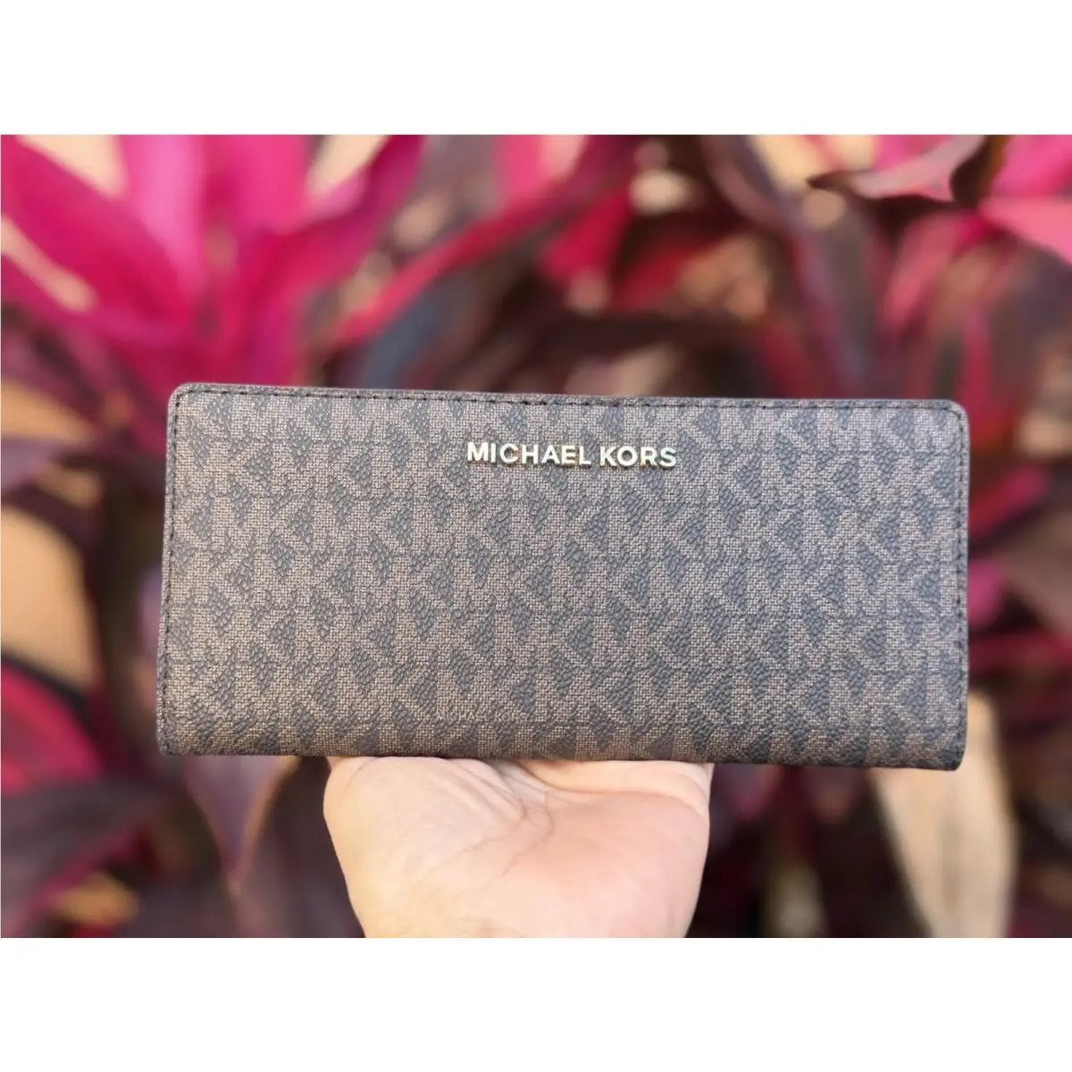 Michael Kors Jet Set Travel Medium Bifold Flat Slim Wallet MK Brown Scarlet