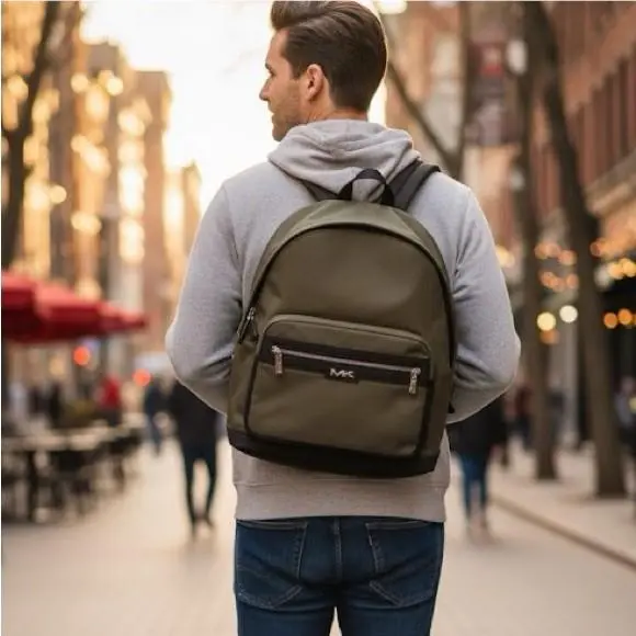 Michael Kors Mens Backpack Olive Green Nylon Malone Travel Workwear School