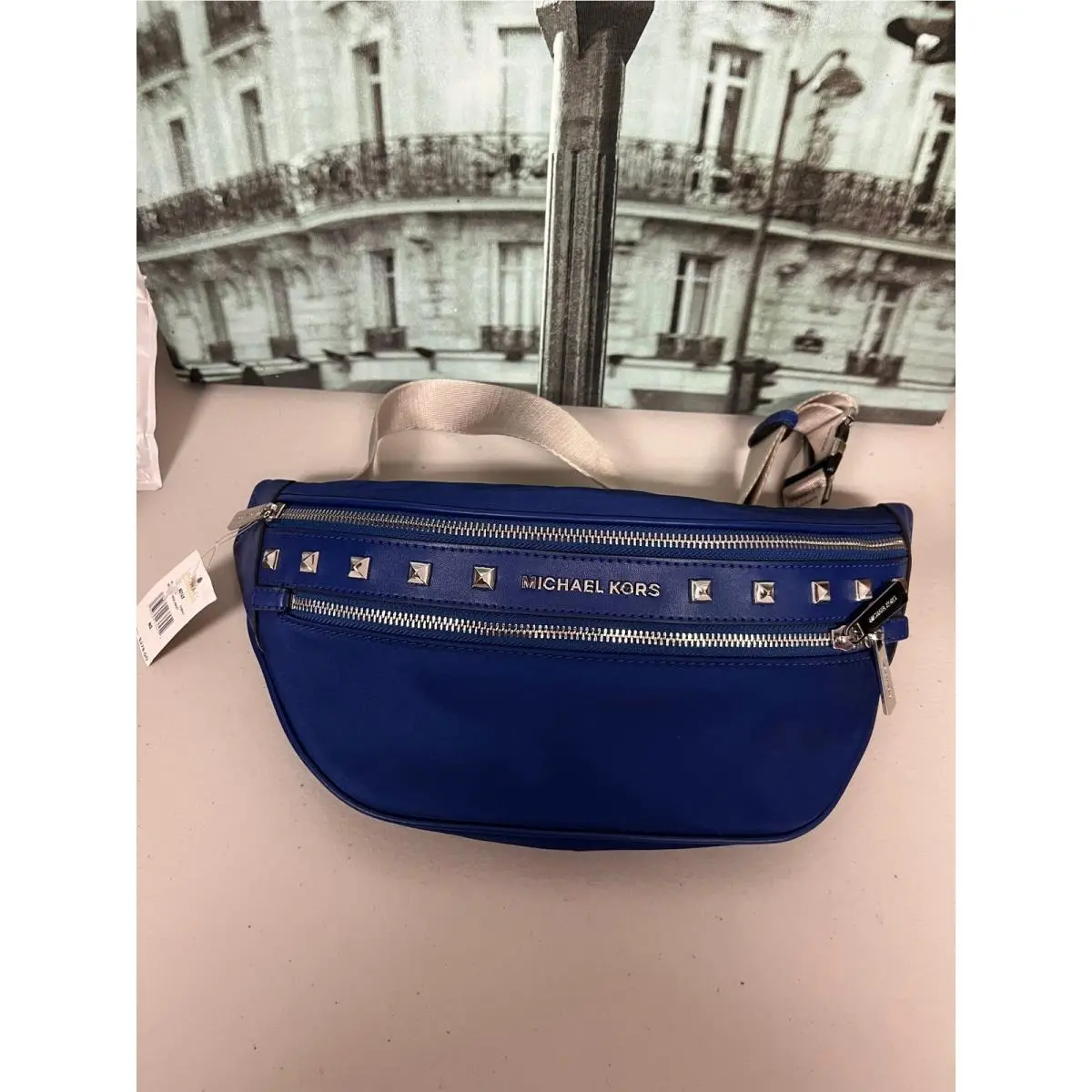 Michael Kors Kenly 35H9GK9N6C Cobalt Blue Pyramid Bag Crossbody Waist Fanny Pack
