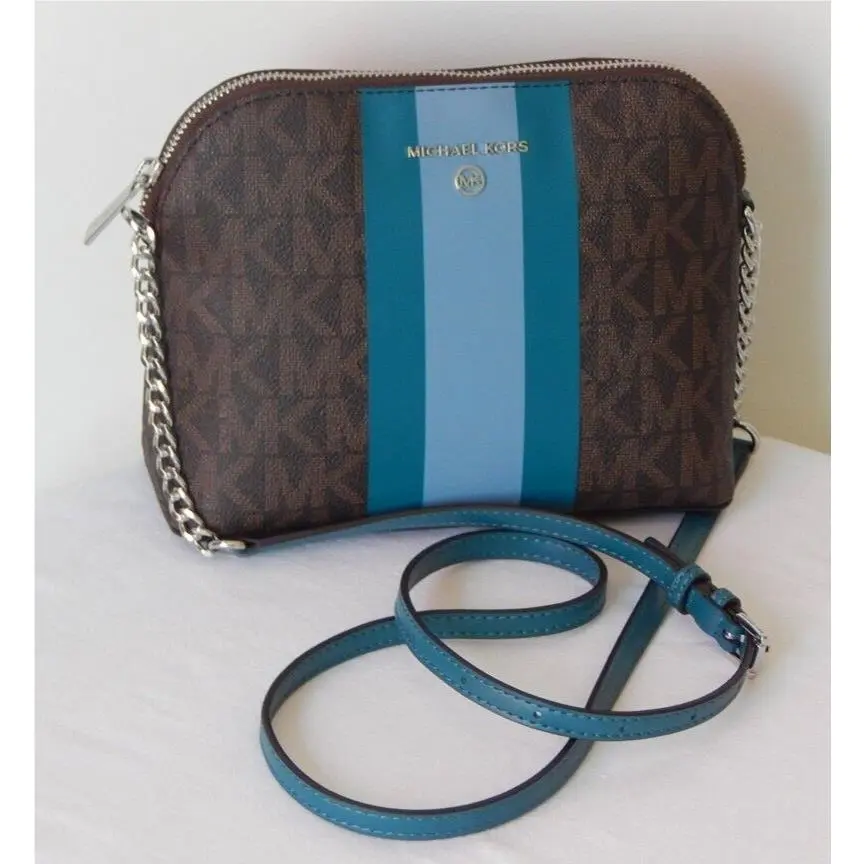 Michael Kors MK Monogram Center Stripe Cindy LG Dome Chain Xbody Bag Cyan