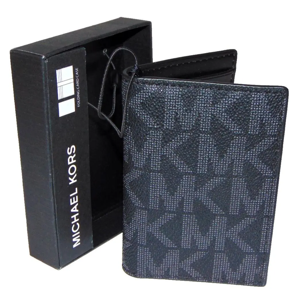 Michael Kors Jet Set Mens Folding Card Case Wallet Black Signature Logo