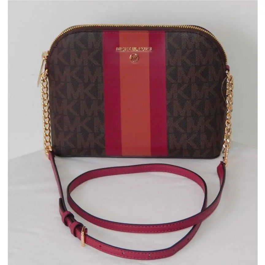 Michael Kors MK Monogram Center Stripe Cindy LG Dome Chain Xbody Bag Berry