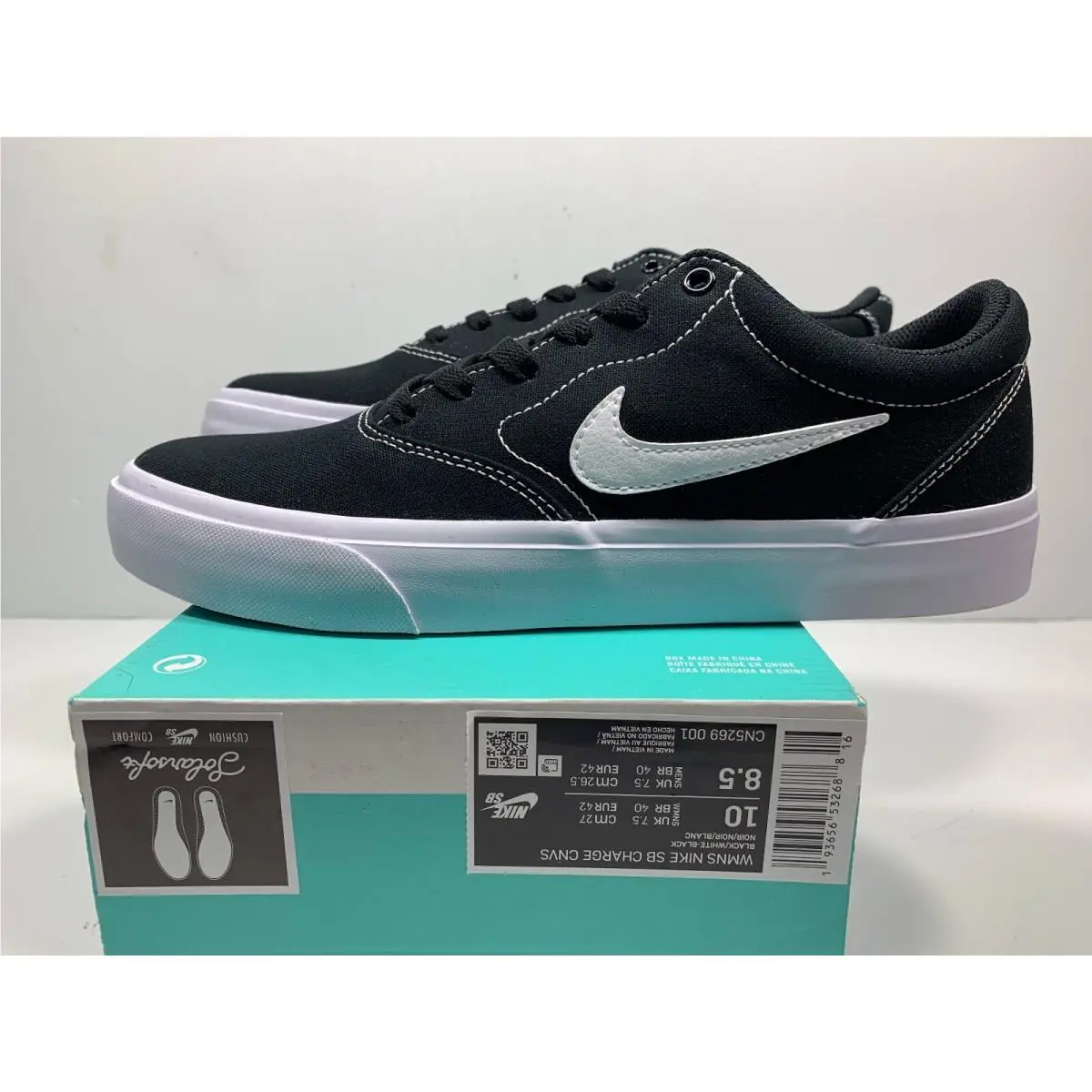 Nike SB Charge Canvas Sneakers Black/white CN5269-001 Women 10 Mens 8.5