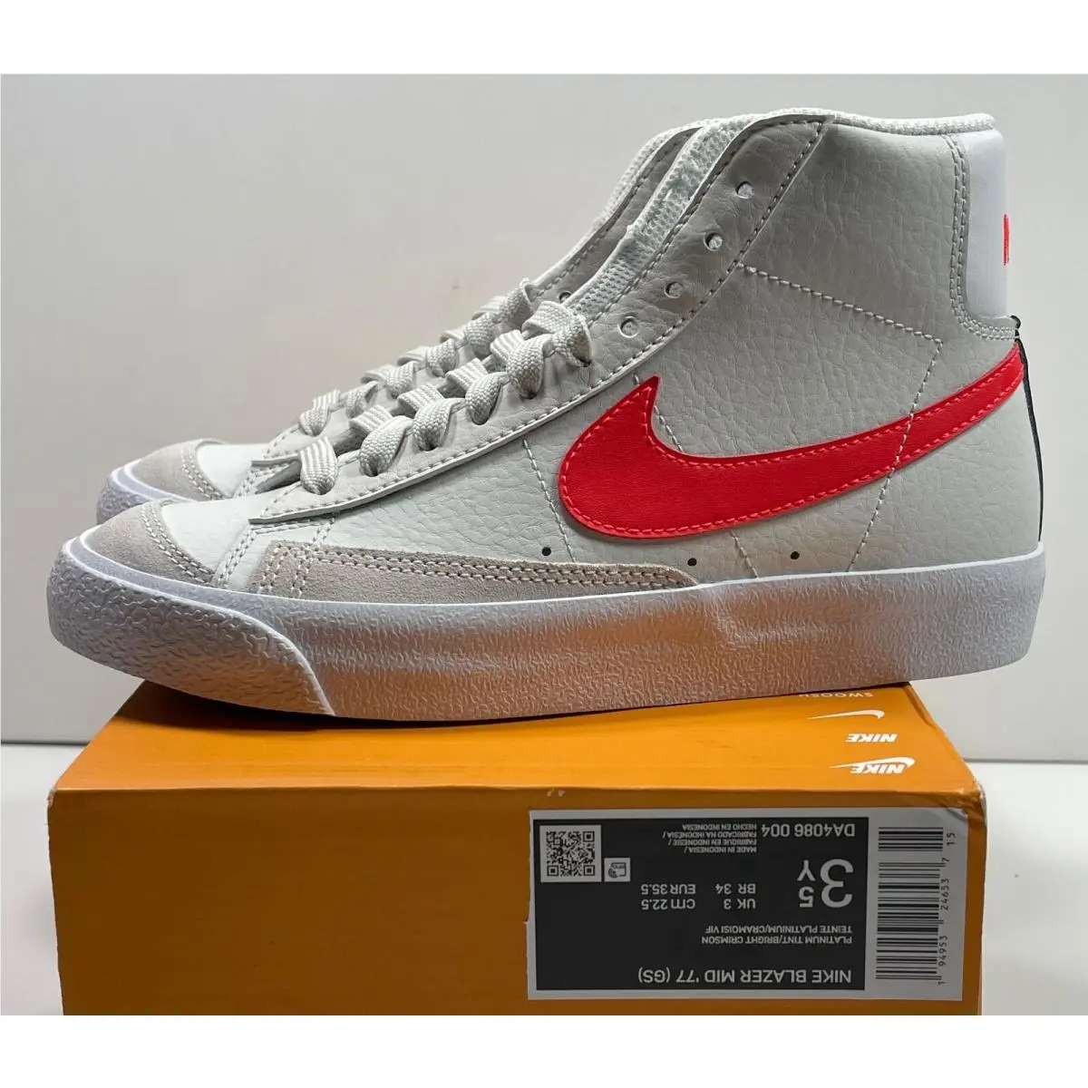 Nike Blazer Mid `77 GS Platinum Tint Bright Crimson Red Grey DA4086-004 3.5 Y