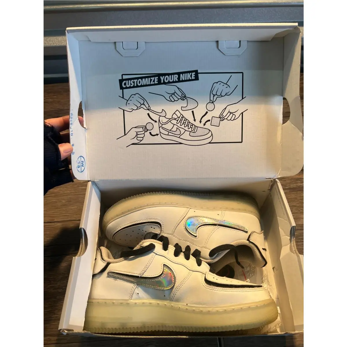 Nike Air Force 1 Low Sneakers Youth 6Y White Custom Holographic Patches