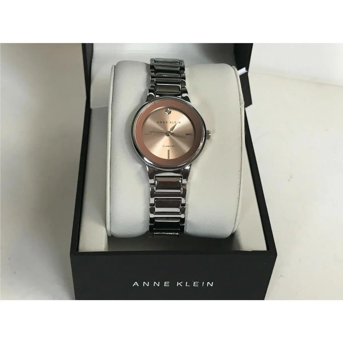 Anne Klein Diamond Rose Gold Bezel Silver Bracelet Womens Watch