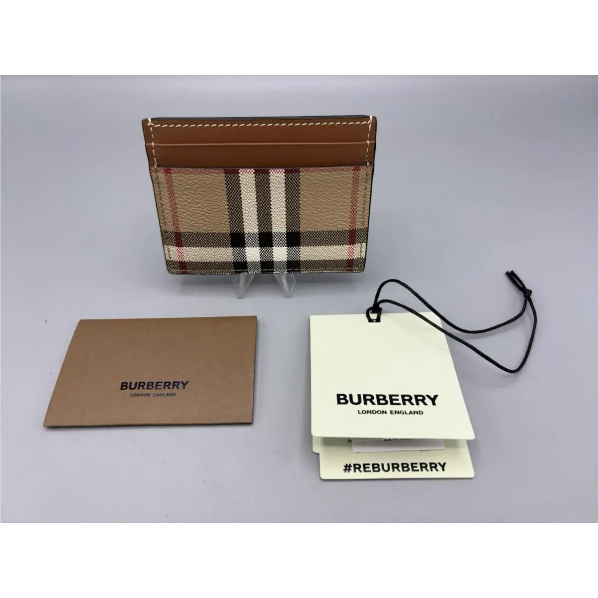 Burberry Sandon Coated Beige/ Brown Canvas Leather Card Wallet w/ Tags