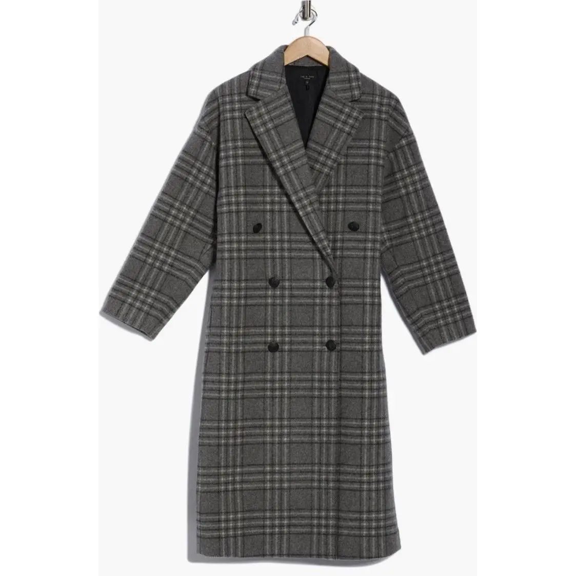 Rag Bone L Large Thea Coat Grey Plaid Wool Blend Double Breasted Overcoat