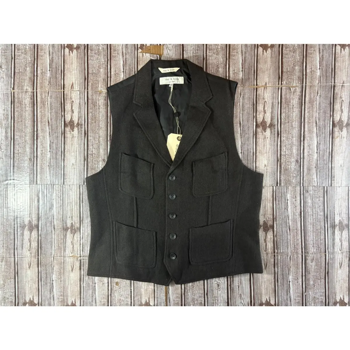 Rag Bone Albers Wool Herringbone Waistcoat Sz 42 Dark Brown Handmade Usa