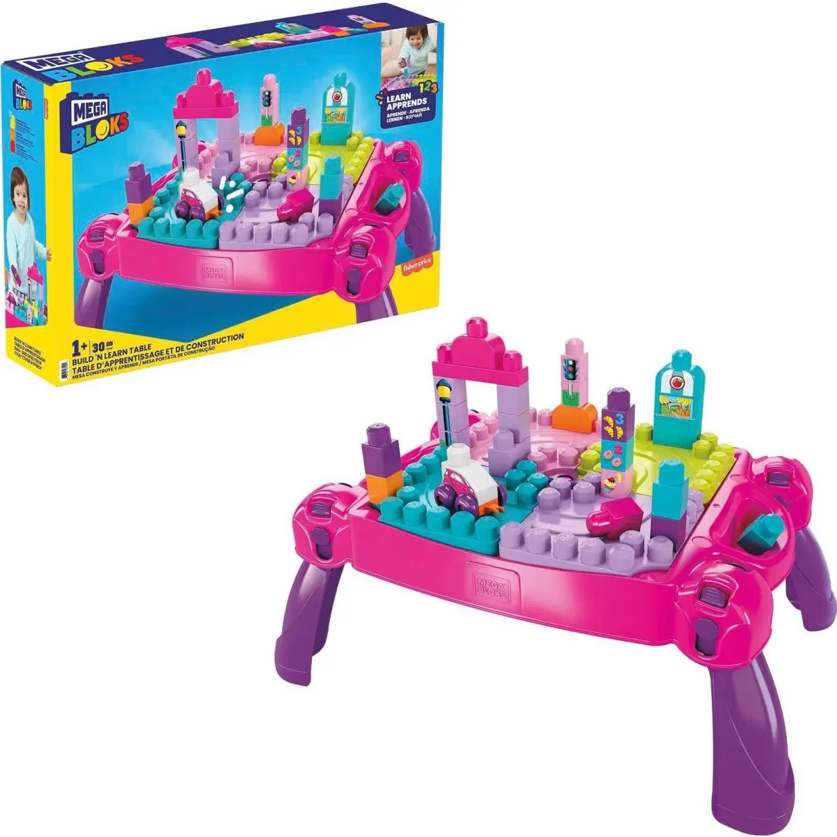 Toddler Blocks Toy 30 Piece Build Learn Activity Table Pink FFG22 Portable