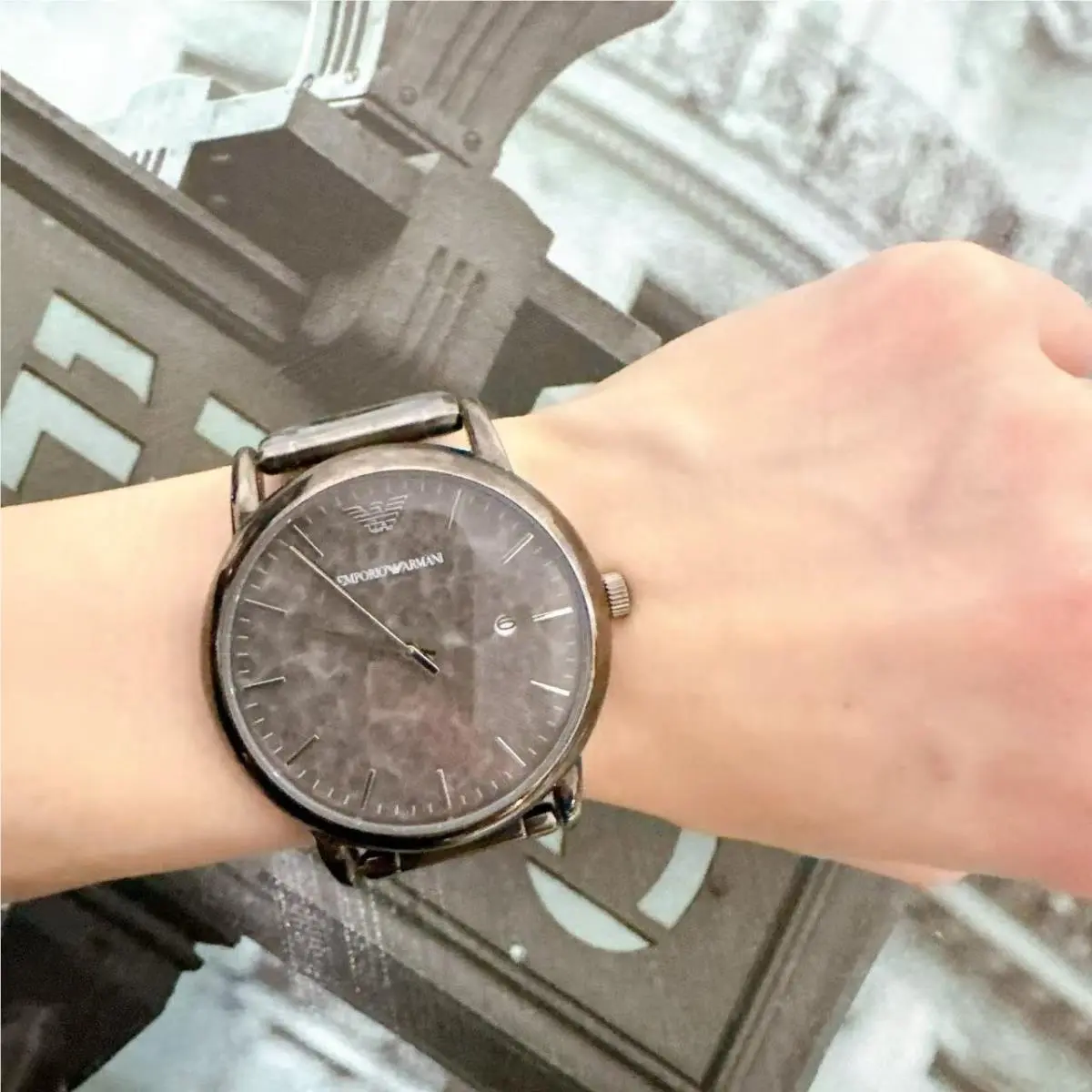 Emporio Armani Luigi AR11155 Men`s Watch with Gray Marble Dial Gray Metal Belt