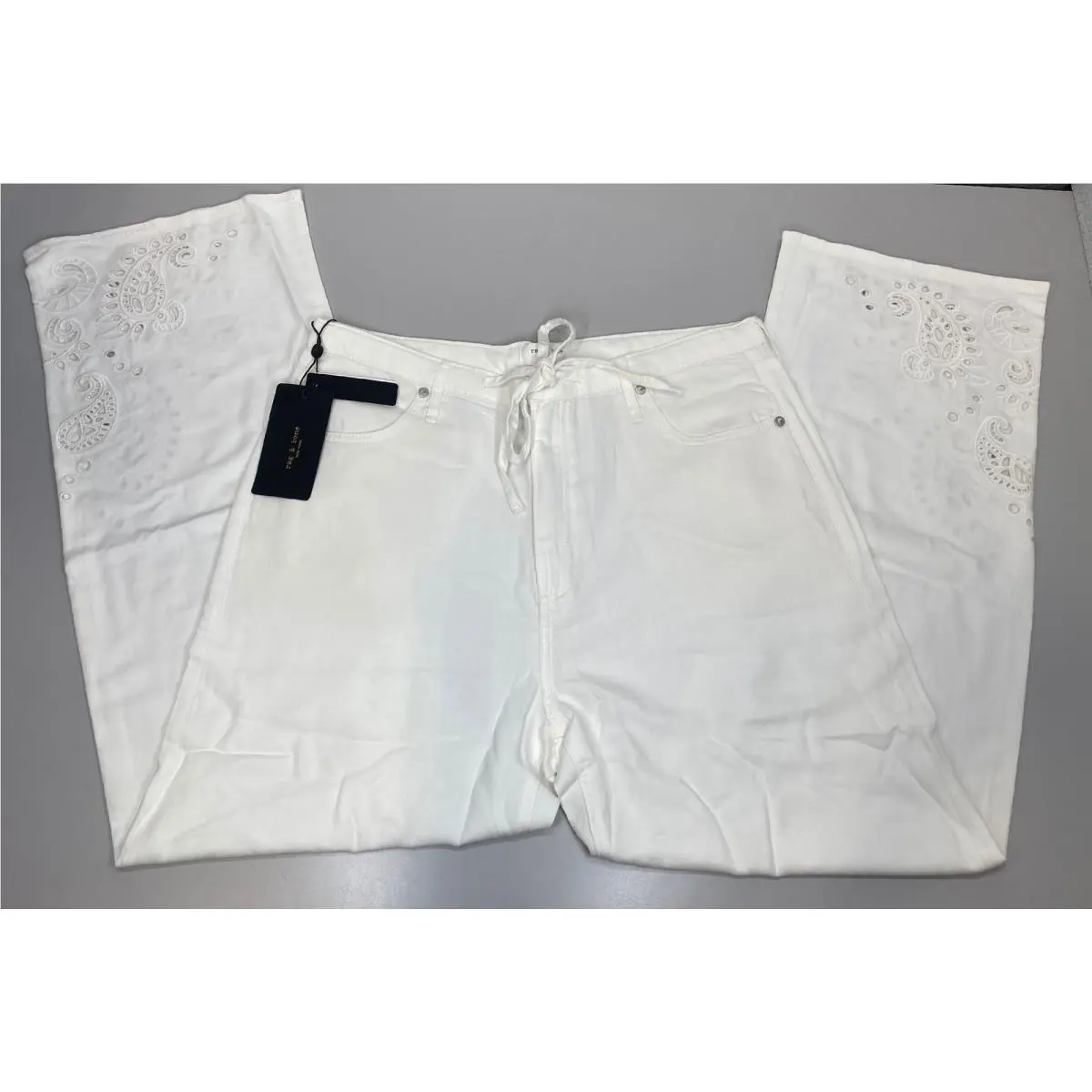 Rag Bone Womens Denim Beach Pants White Eyelet Size L Phoebe Laid-back Fit