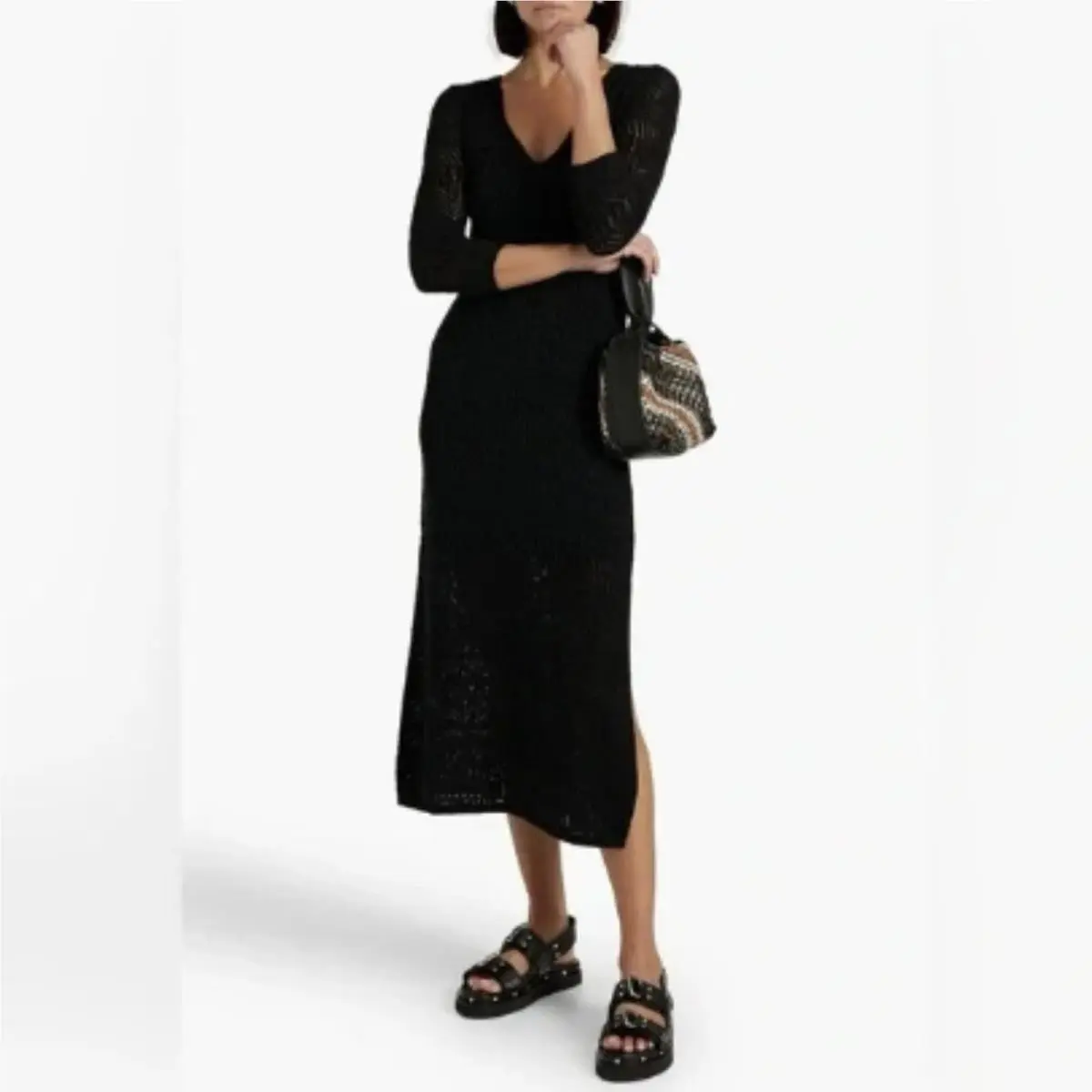 Rag Bone Renee Black Open Knit V-neck Long Sleeve Side Slit Midi Dress S