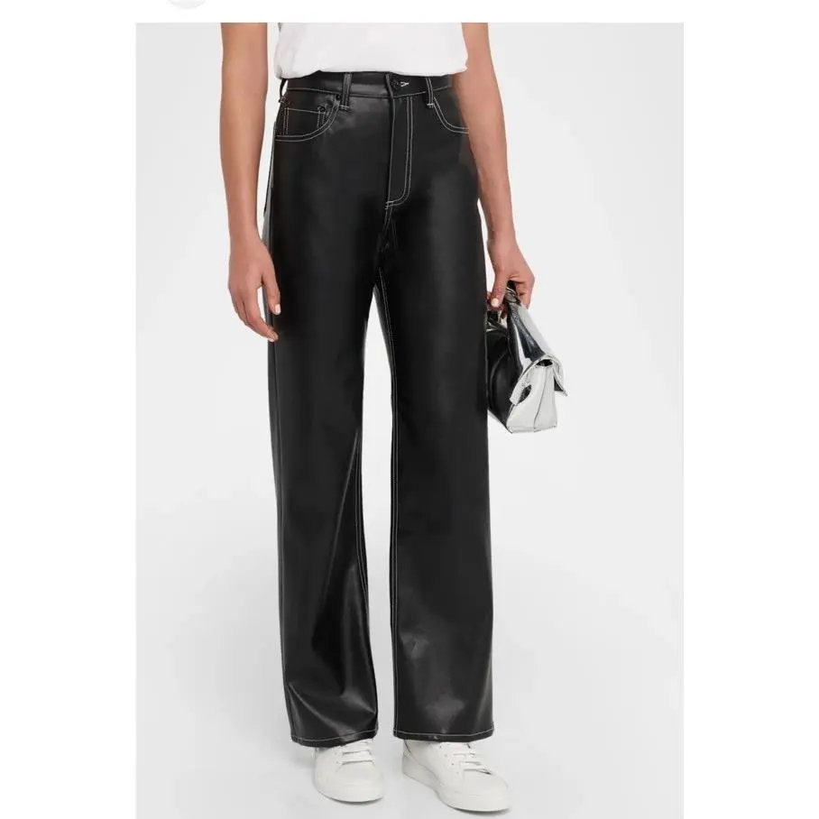 Rag Bone Shea High Rise Leather Straight Leg Pants Women`s 26 Black Zip