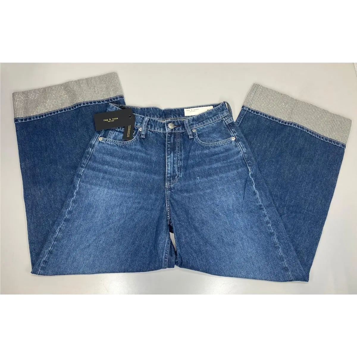 Rag Bone Womens Wide Leg Ankle Jean Blue Size 26 Sofie Jewel Cuff High Rise