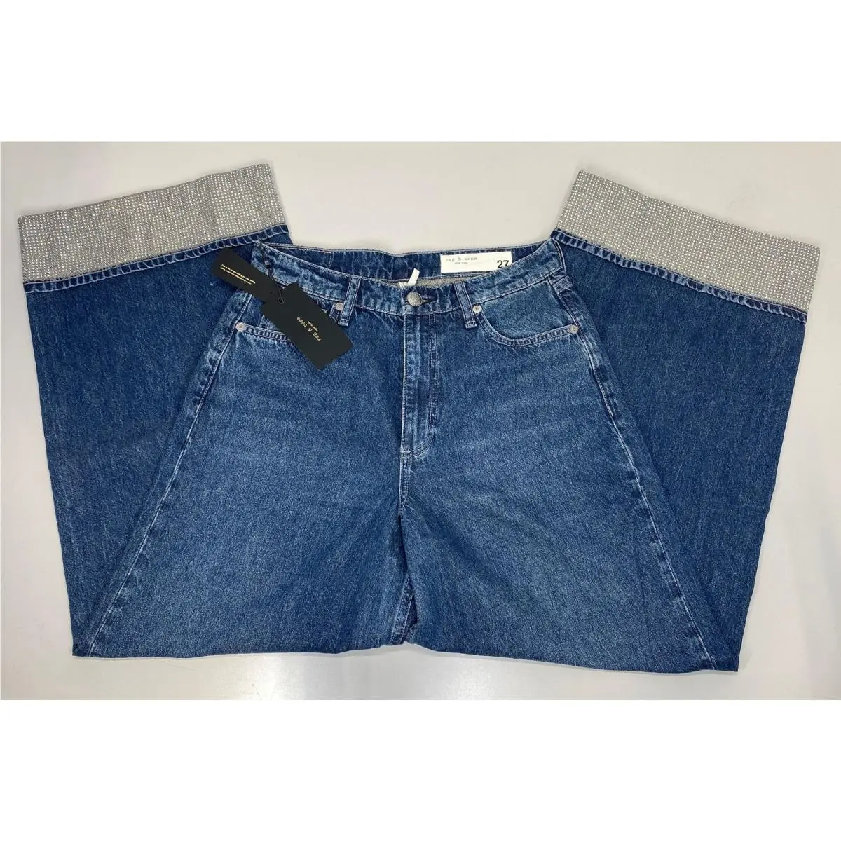 Rag Bone Womens Wide Leg Ankle Jean Blue Size 27 Sofie Jewel Cuff High Rise