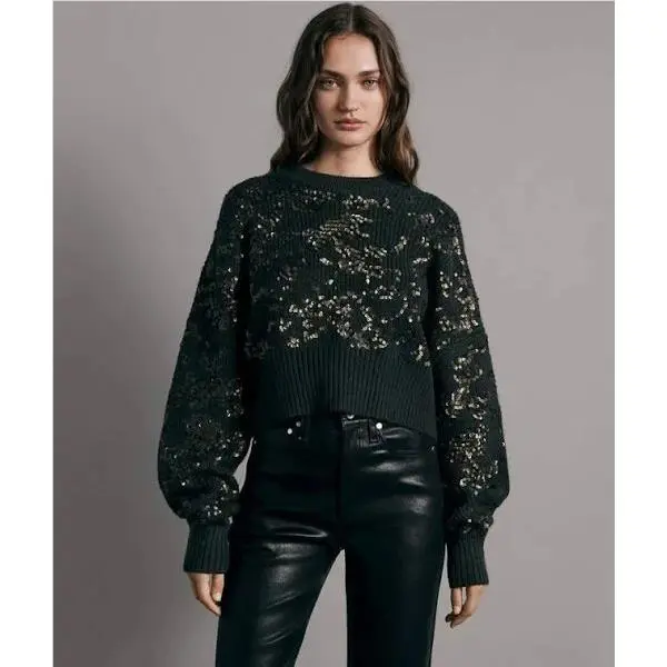 Rag Bone Liza Sequined Cropped Sweater Dark Green Size XS/100%AUTHENTIC