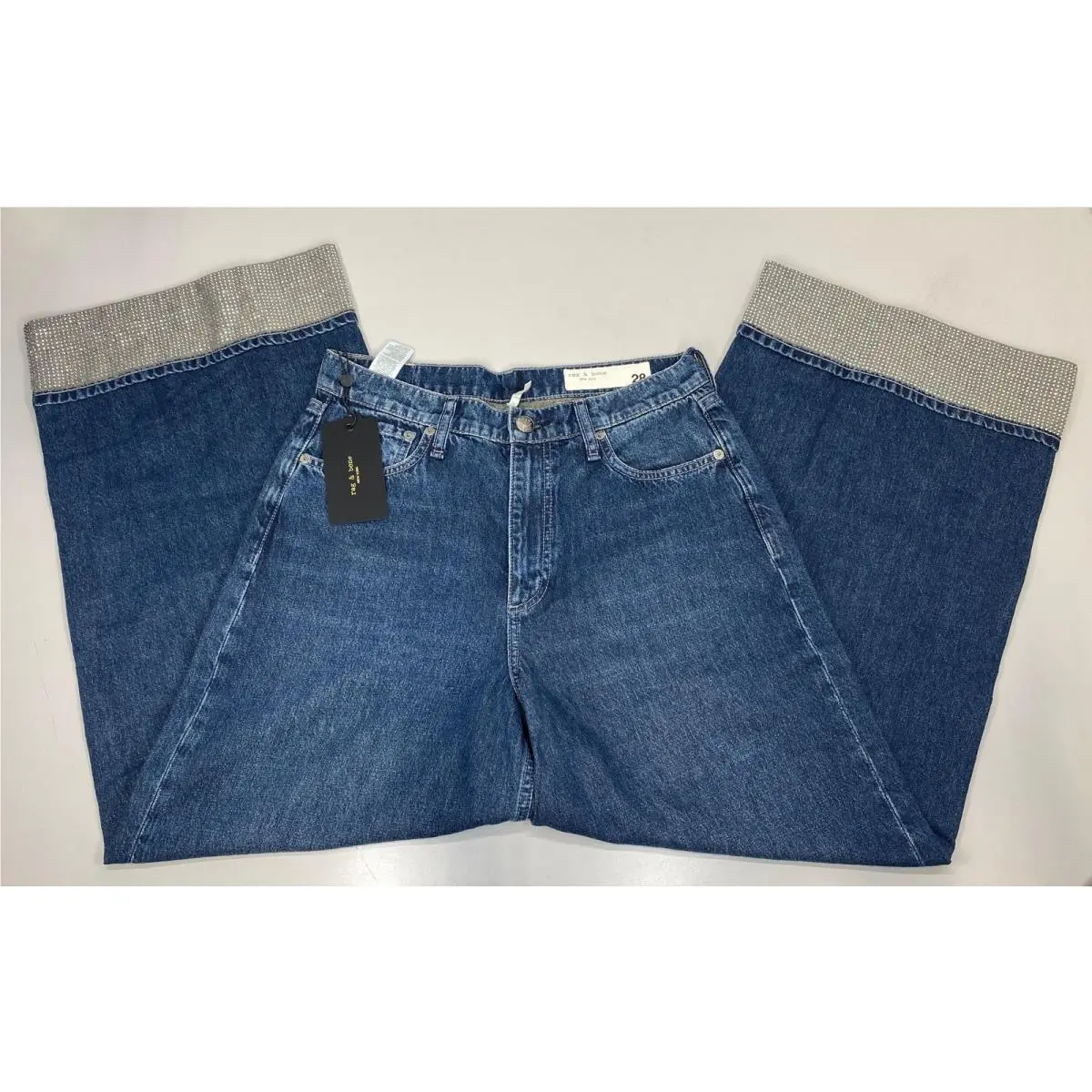 Rag Bone Womens Wide Leg Ankle Jean Blue Size 28 Sofie Jewel Cuff High Rise