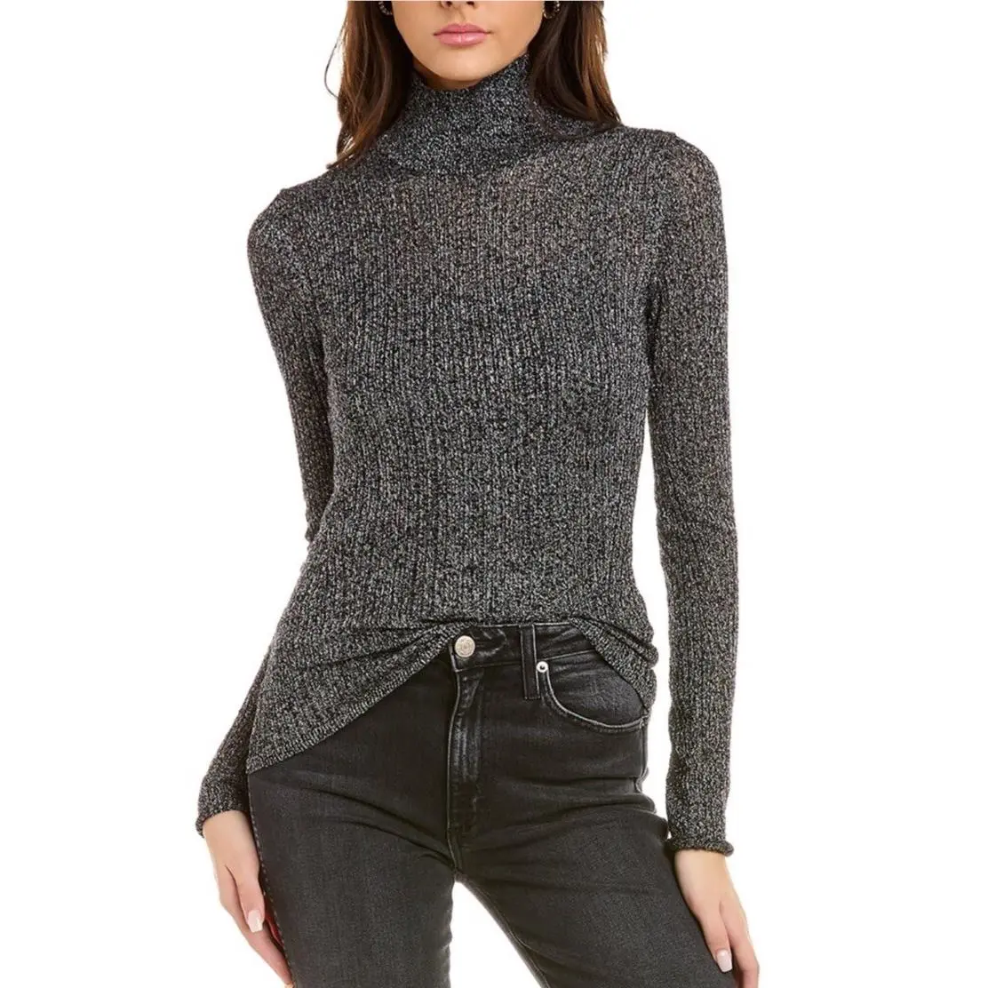 Rag Bone Lexi Cotton Metallic Thread Rib Turtleneck Silver Black Sz S